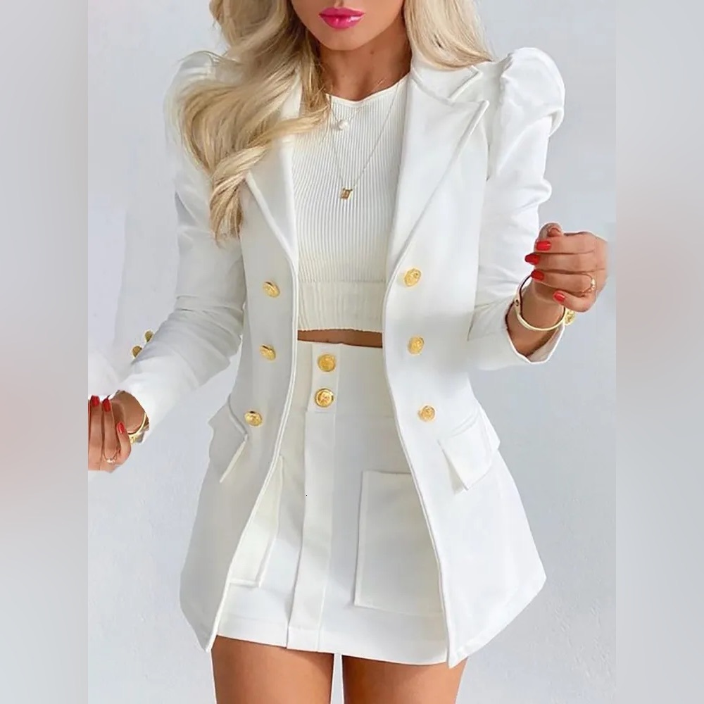 2 sets! White and Black Women’s Long Sleeve Two Breasted Blazer Skirt Suit set.